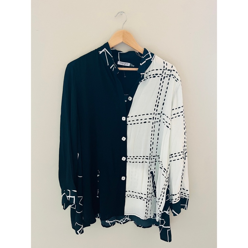 Lemon Grass New York Black White Geometric Colorblock Button Down Shirt XXL